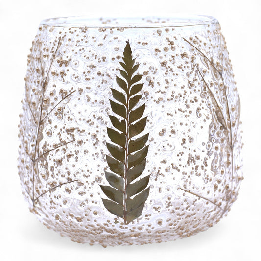 Natural Floral Recycled Glass Candle Holder, Pino (10x9cm), showing the distinctive design – floral glass candle holder product image 1