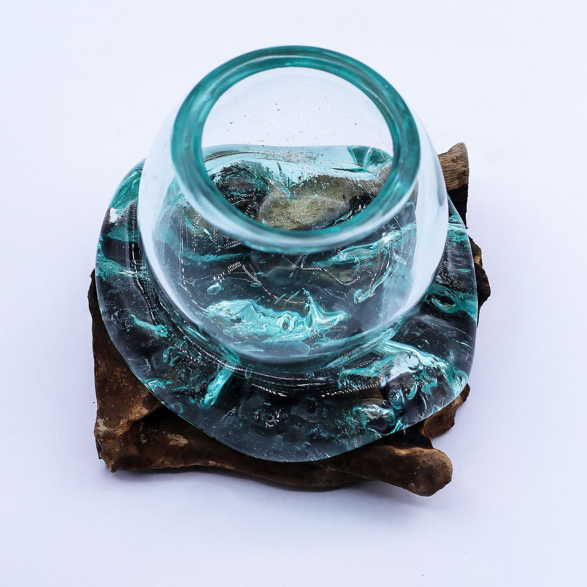 Molten Glass Mini Goldfish Bowl on Natural Wood Base (20 cm), showing the distinctive design – molten glass home decor product image 6