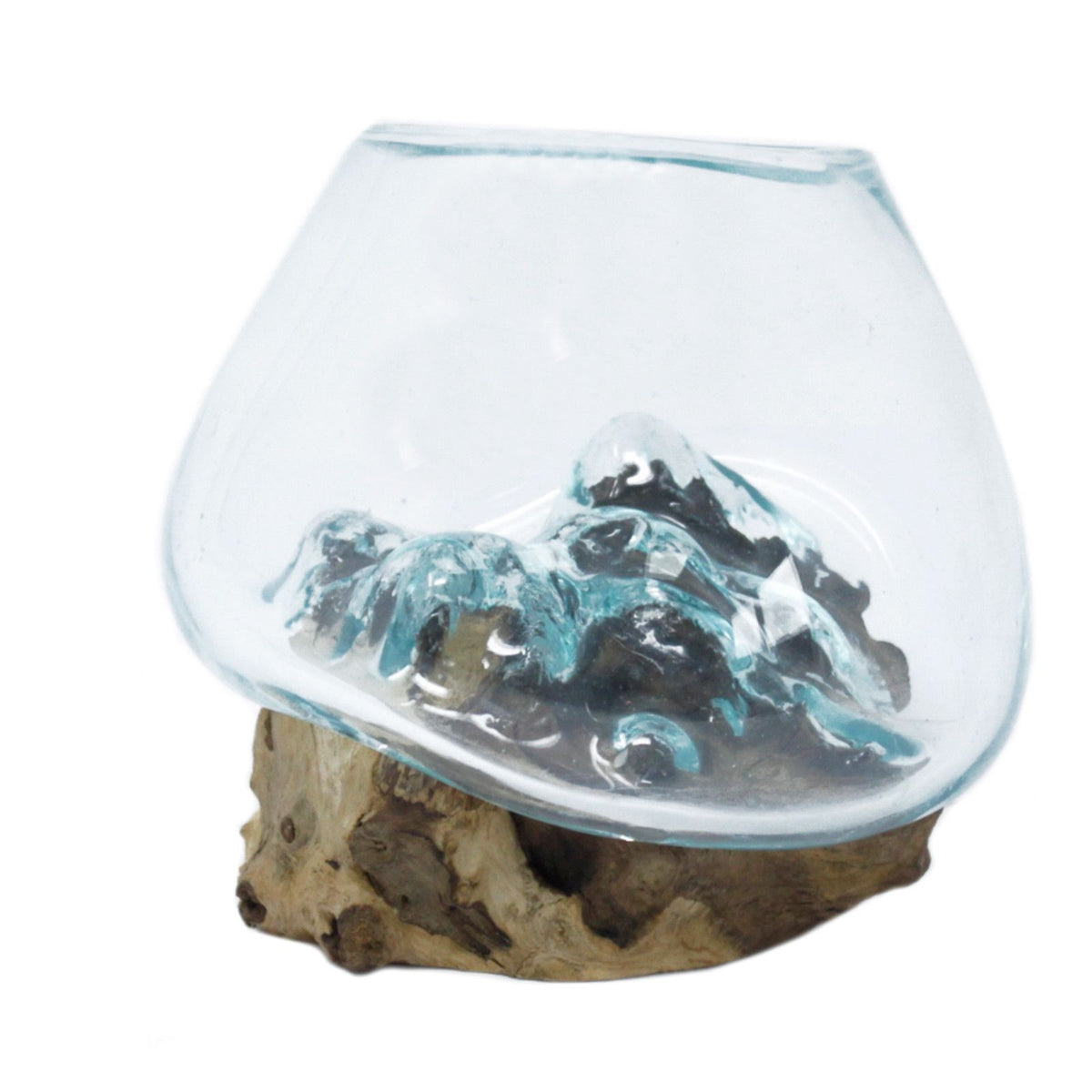 Small Molten Glass Decorative Bowl on Natural Wood Base product image 7, showing the distinctive design and materials