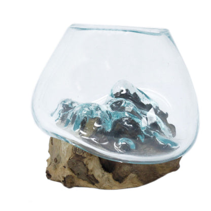 Small Molten Glass Decorative Bowl on Natural Wood Base product image 7, showing the distinctive design and materials