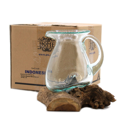 Sculptural Molten Glass Water Pitcher on Wood Base, Handblown Glass, showing the distinctive design – molten glass home decor product image 5