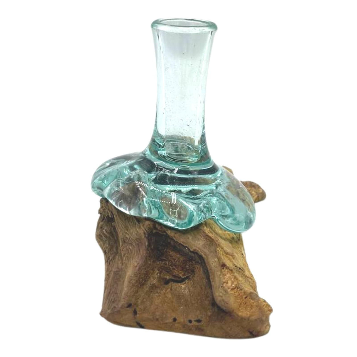 Molten Glass Small Flower Vase on Natural Wood Base, Handblown, showing the distinctive design – molten glass home decor product image 1
