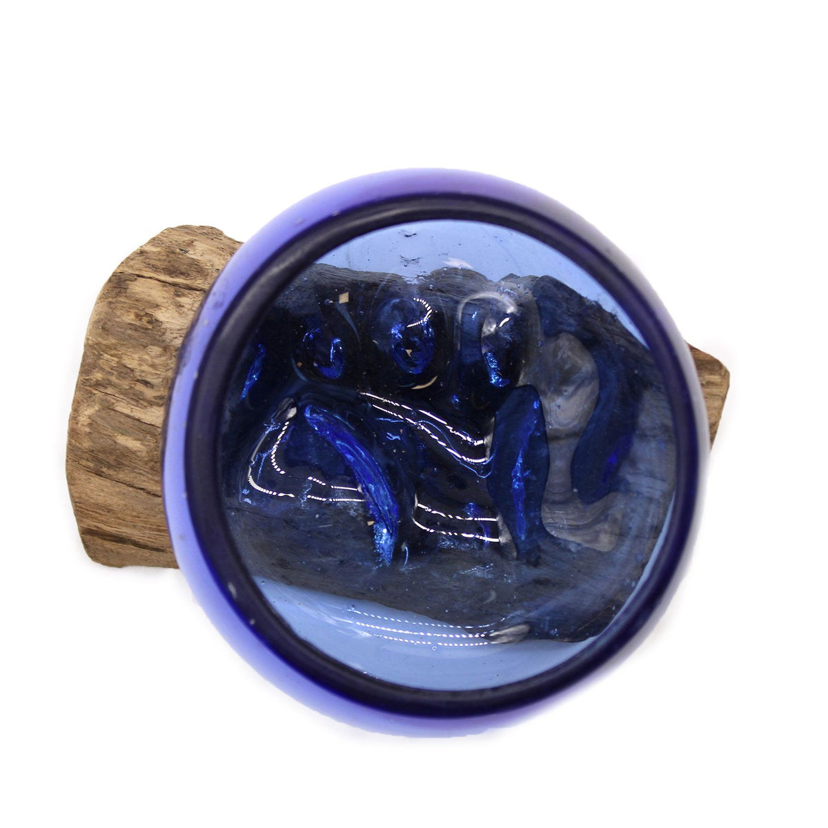 Ocean Blue Molten Glass Mini Bowl on Wood Base, Artisan Decorative, showing the distinctive design – molten glass home decor product image 7
