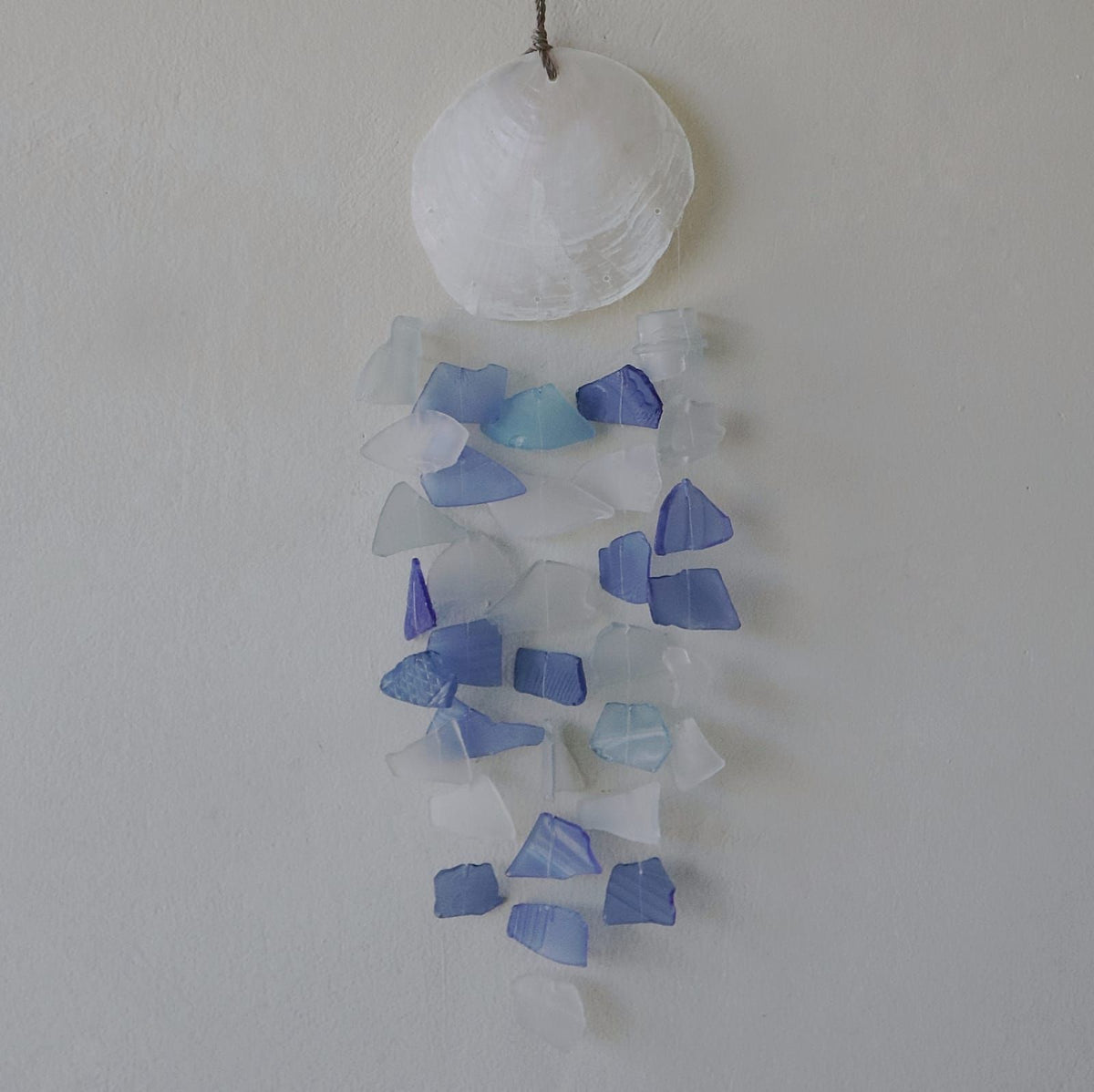 Blue and White Glass Recycled Glass Drop Wind Chime, showing the distinctive design – recycled glass wind chime product image 3