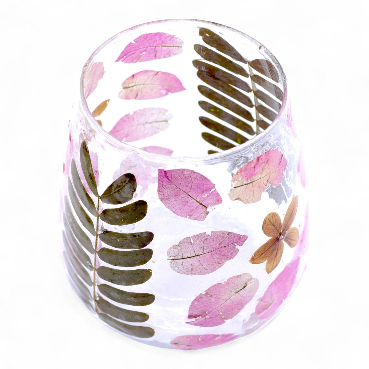 Primavera Botanical Recycled Glass Candle Holder – 12x11cm product image 2, showing the distinctive design and materials