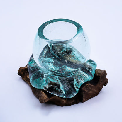 Molten Glass Mini Goldfish Bowl on Natural Wood Base (20 cm), showing the distinctive design – molten glass home decor product image 5