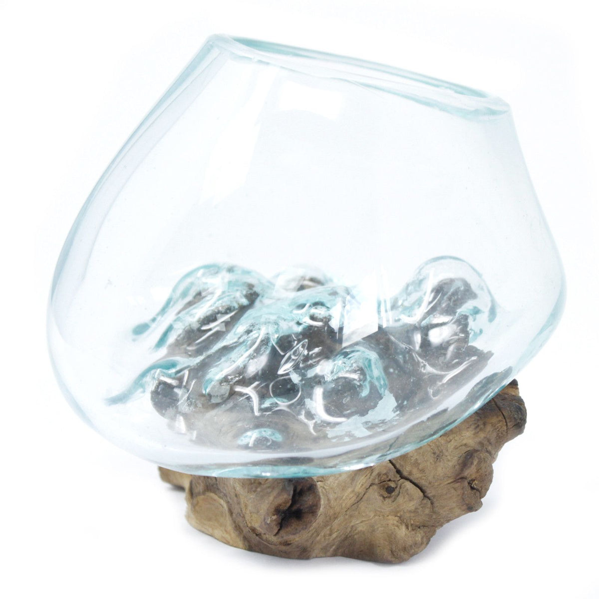 Small Molten Glass Decorative Bowl on Natural Wood Base product image 4, showing the distinctive design and materials