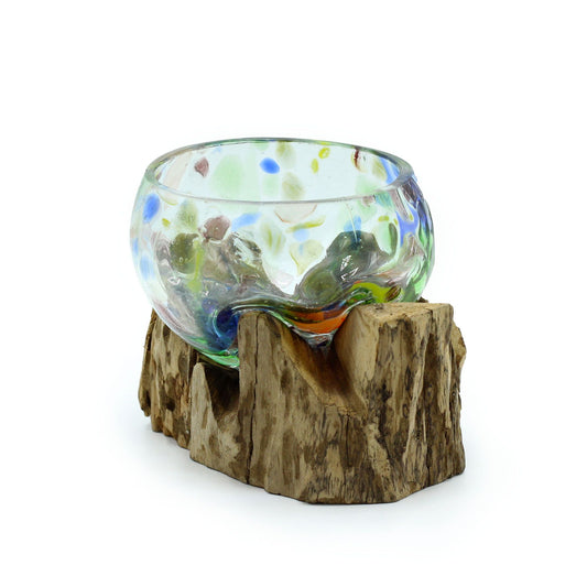 Molten Coloured Glass on Wood, Small Bowl, showing the distinctive design – molten glass home decor product image 1