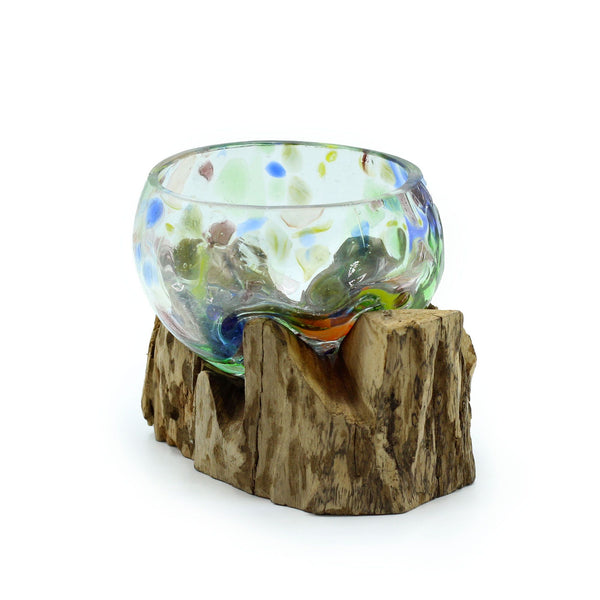 Molten Coloured Glass on Wood, Small Bowl, showing the distinctive design – molten glass home decor product image 1