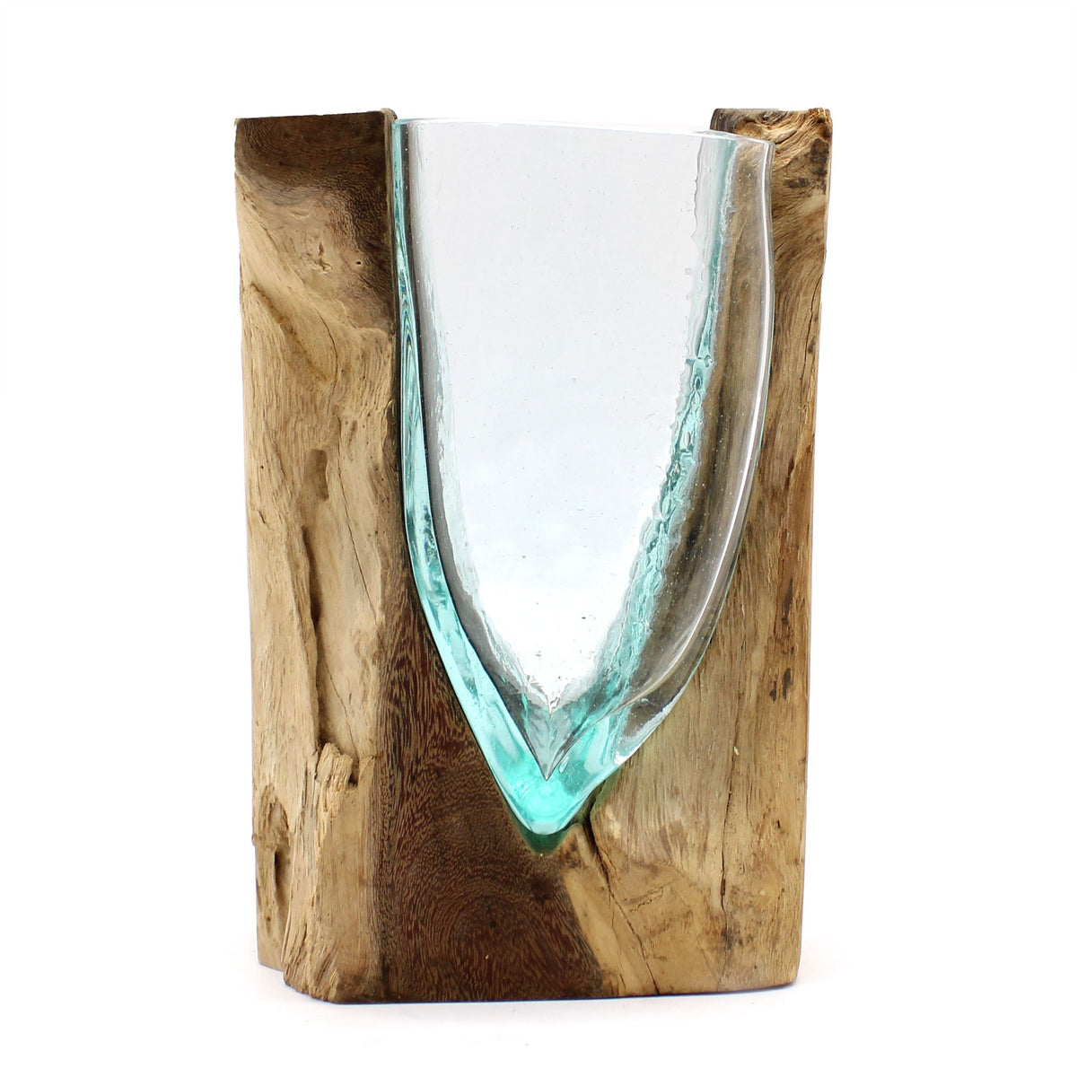 Molten Glass V-Shaped Art Vase on Natural Wood Base, Handblown, showing the distinctive design – molten glass home decor product image 4