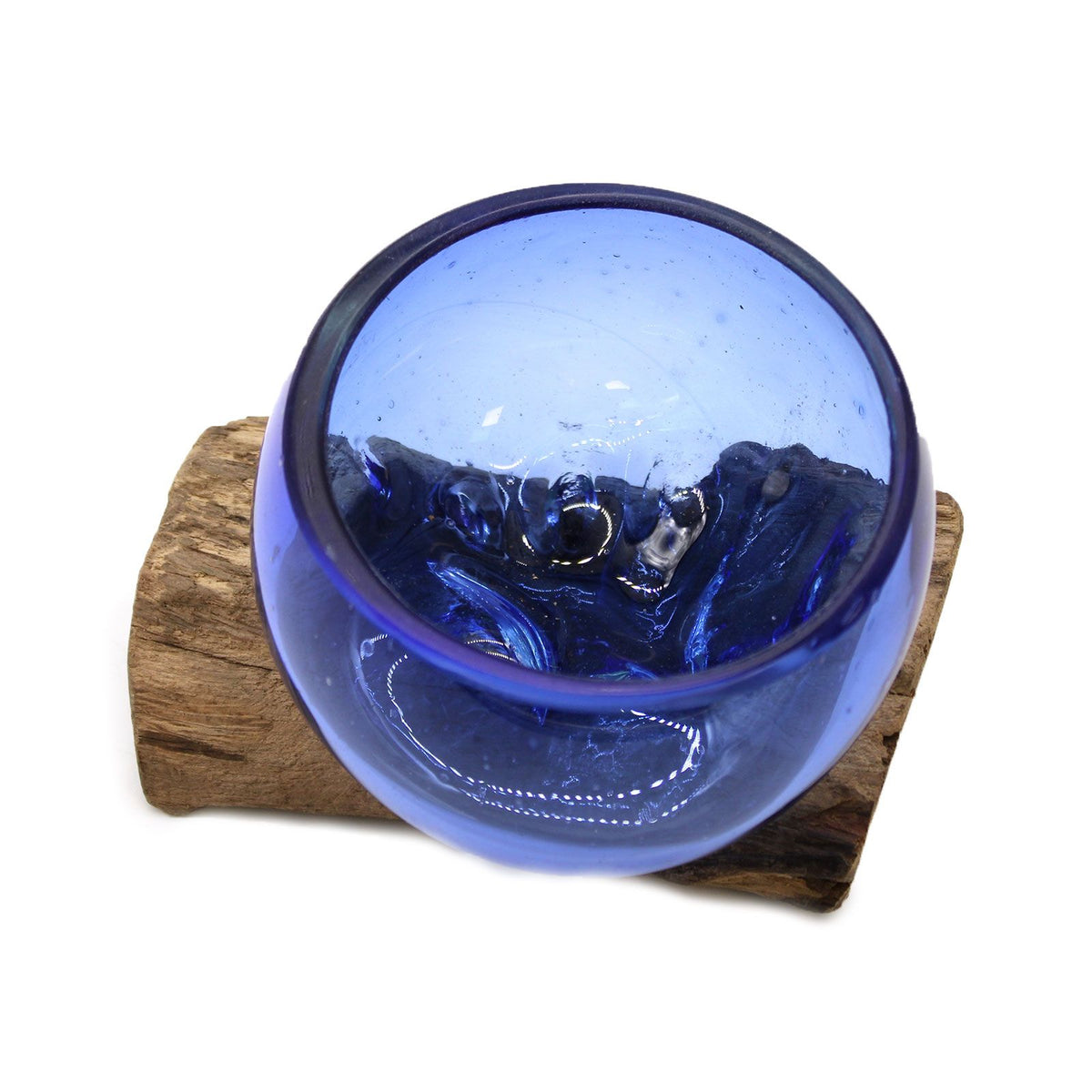 Ocean Blue Molten Glass Mini Bowl on Wood Base, Artisan Decorative, showing the distinctive design – molten glass home decor product image 5