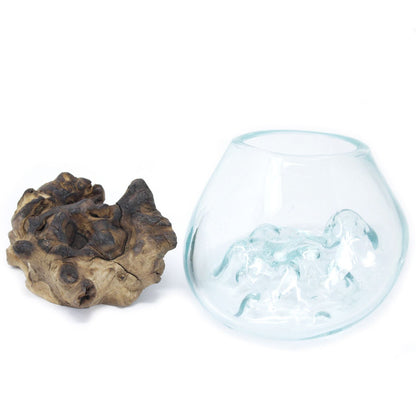 Small Molten Glass Decorative Bowl on Natural Wood Base product image 1, showing the distinctive design and materials