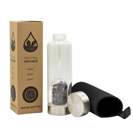 500 ml Crystal Infused Glass Water Bottle, Relaxing Amethyst - Chips, showing the distinctive design – crystal water bottle product image 1