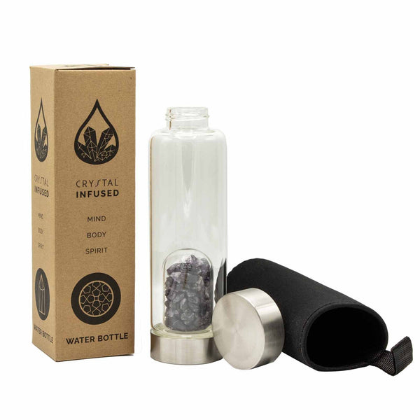 500 ml Crystal Infused Glass Water Bottle, Relaxing Amethyst - Chips, showing the distinctive design – crystal water bottle product image 1