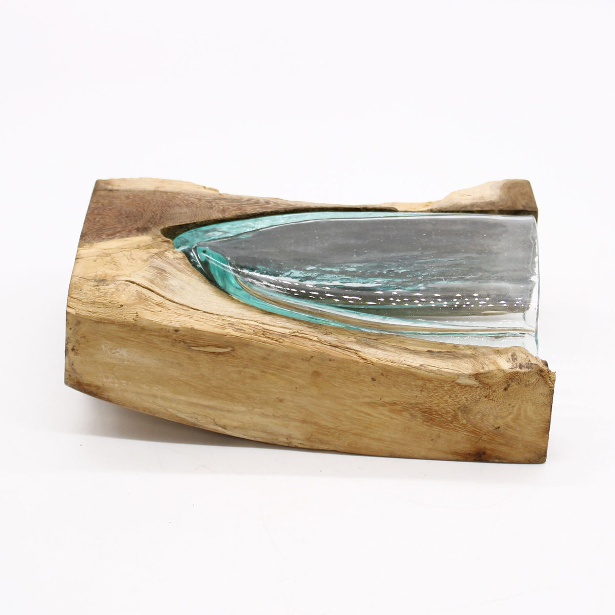 Molten Glass V-Shaped Art Vase on Natural Wood Base, Handblown, showing the distinctive design – molten glass home decor product image 6