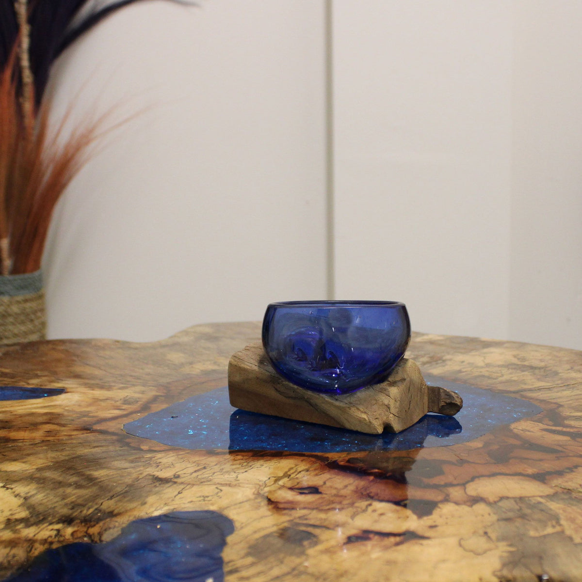 Ocean Blue Molten Glass Mini Bowl on Wood Base, Artisan Decorative, showing the distinctive design – molten glass home decor product image 1