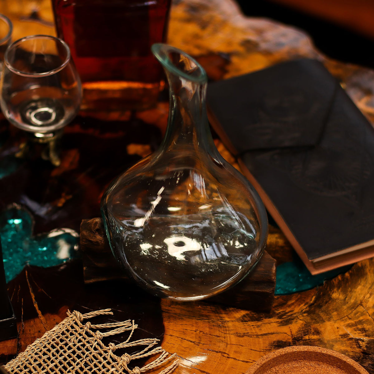 Molten Glass Mini Decanter on Wood 20cm, showing the distinctive design – molten glass home decor product image 2
