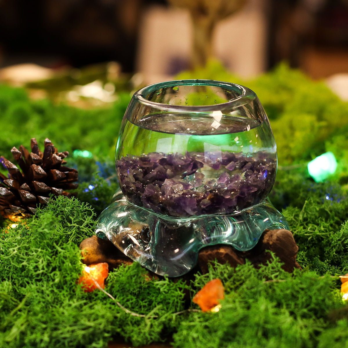 Molten Glass Mini Goldfish Bowl on Natural Wood Base (20 cm), showing the distinctive design – molten glass home decor product image 2