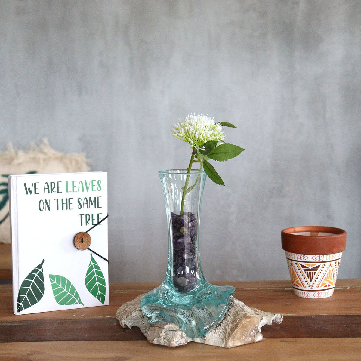 Small Molten Glass Vase on Whitewashed Wood product image 2, showing the distinctive design and materials