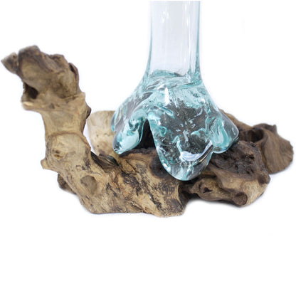 Sculptural Molten Glass Vase on Wood Base, Handcrafted, showing the distinctive design – molten glass home decor product image 4