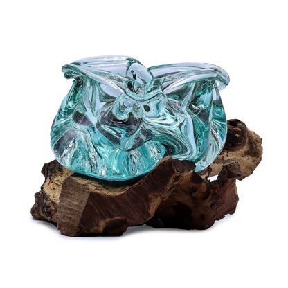 Molten Glass Heavy Duty Ashtray and Candle Holder on Natural Wood Base, showing the distinctive design – molten glass home decor product image 1