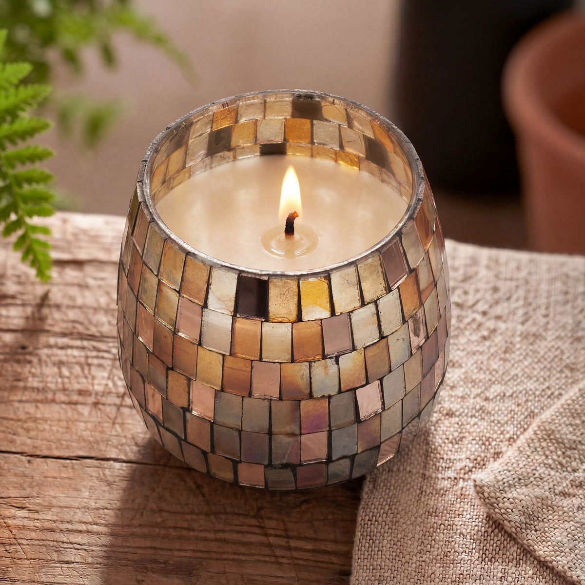 Medium Decorative Glass Jar Candle – Amber Mosaic product image 2, showing the distinctive design and materials