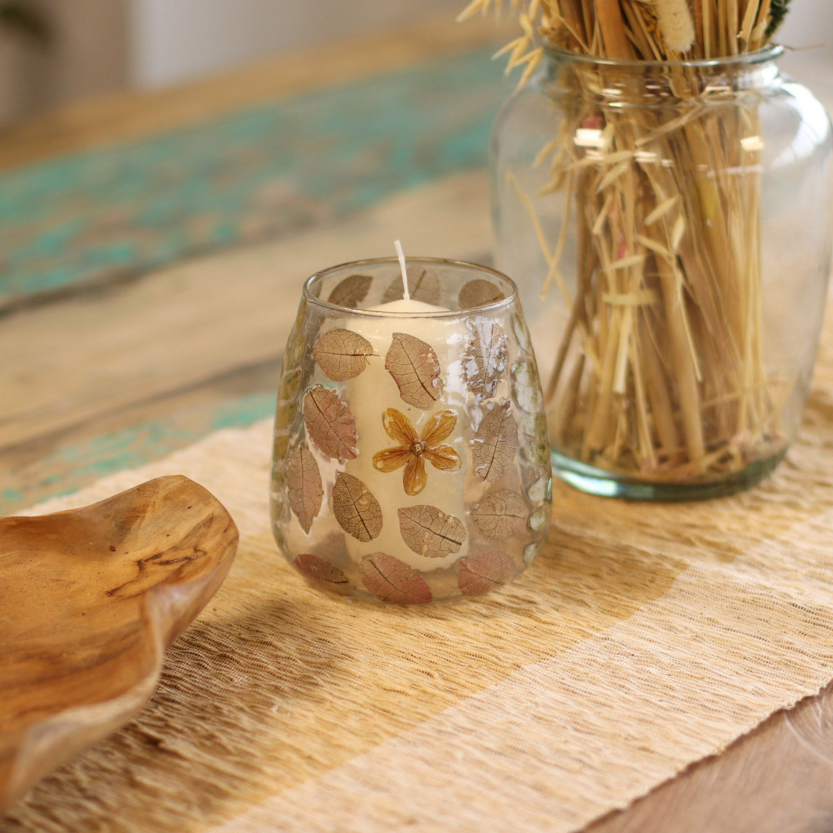 Primavera Botanical Recycled Glass Candle Holder – 12x11cm product image 3, showing the distinctive design and materials