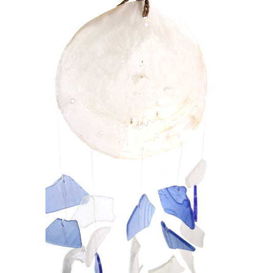 Blue and White Glass Recycled Glass Drop Wind Chime, showing the distinctive design – recycled glass wind chime product image 1