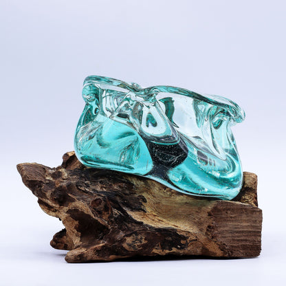 Molten Glass Heavy Duty Ashtray and Candle Holder on Natural Wood Base, showing the distinctive design – molten glass home decor product image 2