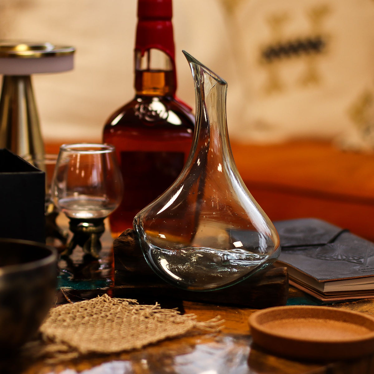 Molten Glass Mini Decanter on Wood 20cm, showing the distinctive design – molten glass home decor product image 8