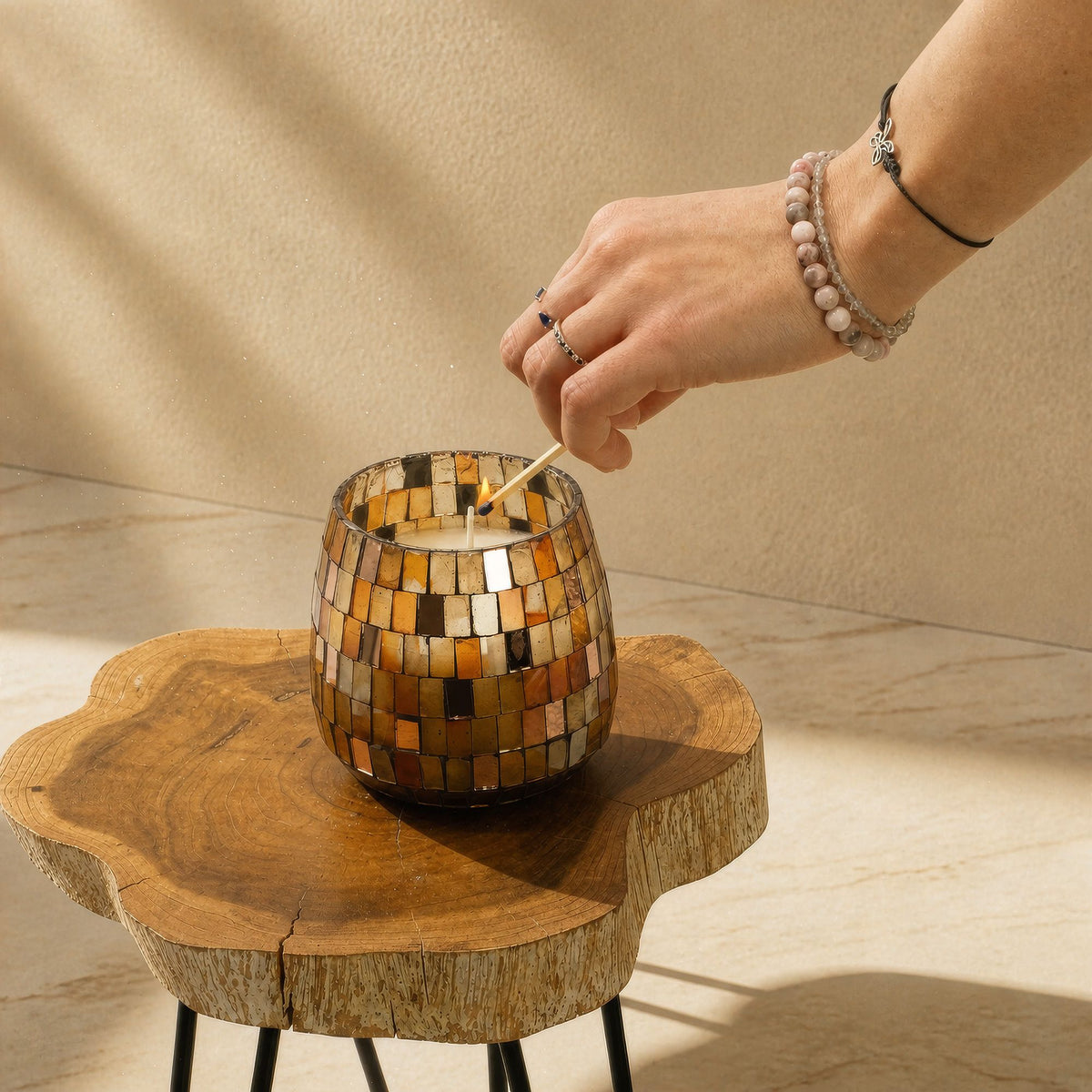 Medium Decorative Glass Jar Candle – Amber Mosaic product image 3, showing the distinctive design and materials