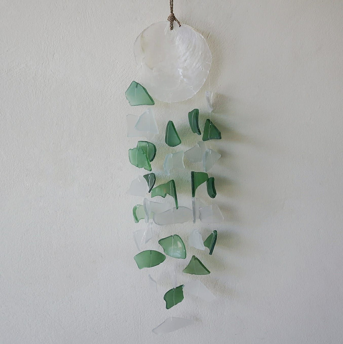 Green and White Glass Recycled Glass Drop Wind Chime, showing the distinctive design – recycled glass wind chime product image 2