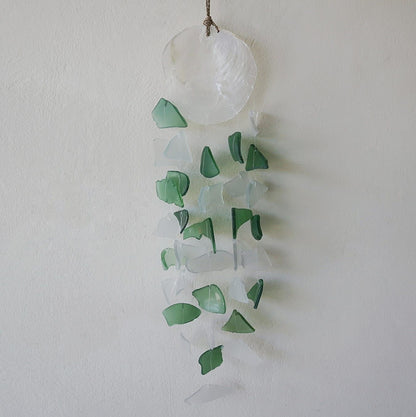 Green and White Glass Recycled Glass Drop Wind Chime, showing the distinctive design – recycled glass wind chime product image 2