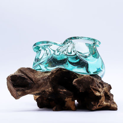 Molten Glass Heavy Duty Ashtray and Candle Holder on Natural Wood Base, showing the distinctive design – molten glass home decor product image 3