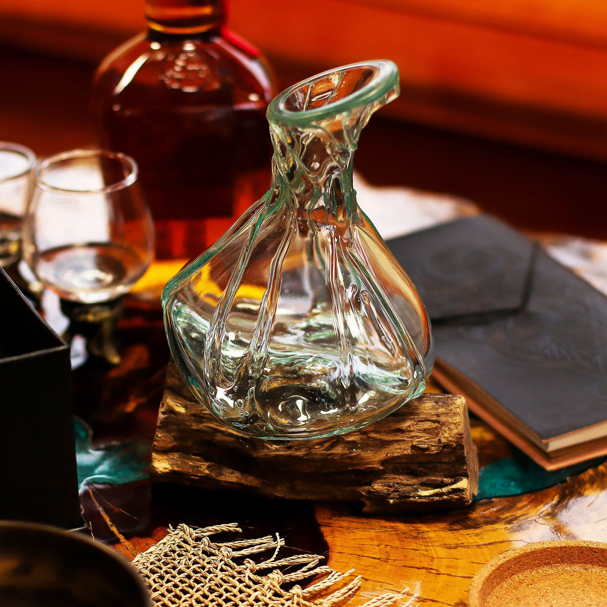 Molten Glass Fancy Mini Decanter on Wood 24cm, showing the distinctive design – molten glass home decor product image 9