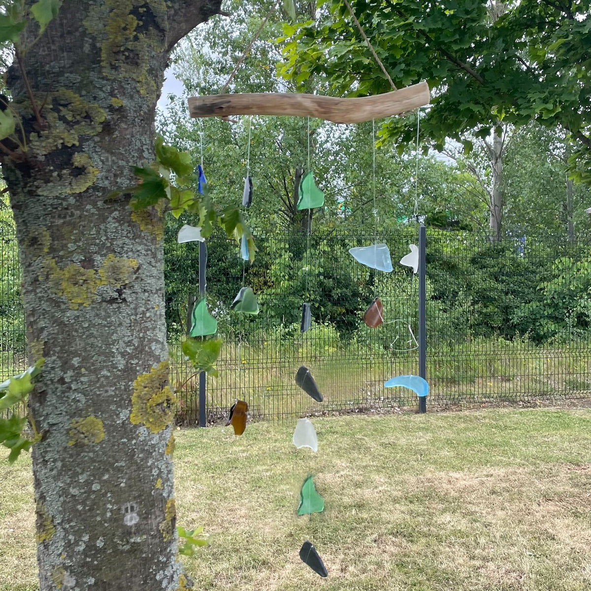 Five-String Recycled Glass Wind Chime, Multicolour Garden Decor, showing the distinctive design – recycled glass wind chime product image 5