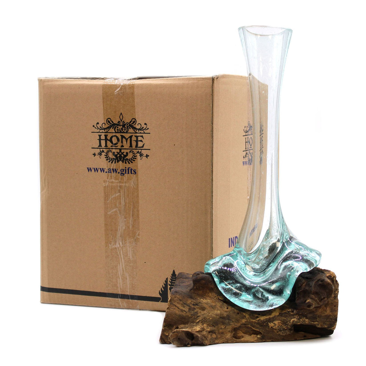 Sculptural Molten Glass Vase on Wood Base, Handcrafted, showing the distinctive design – molten glass home decor product image 2