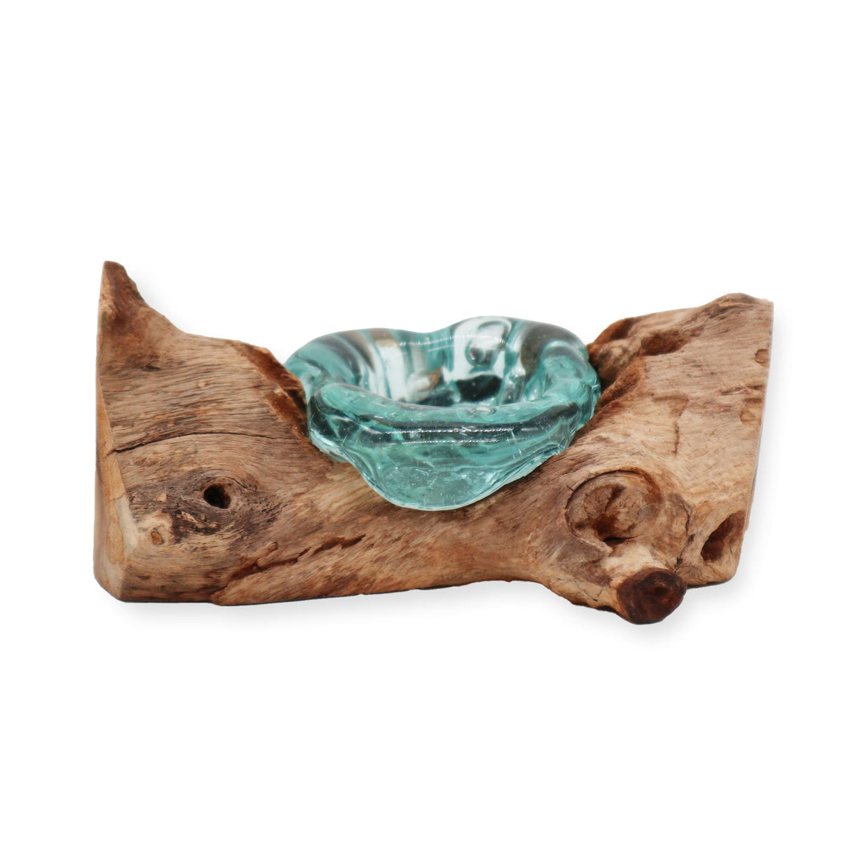 Molten Glass Single Candle Holder on Natural Wood Base, Handblown, showing the distinctive design – molten glass home decor product image 1