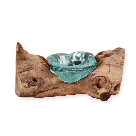 Molten Glass Single Candle Holder on Natural Wood Base, Handblown, showing the distinctive design – molten glass home decor product image 1