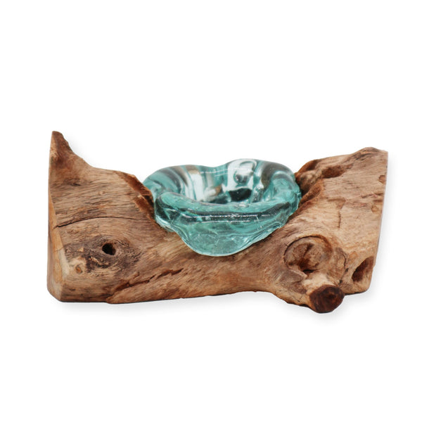 Molten Glass Single Candle Holder on Natural Wood Base, Handblown, showing the distinctive design – molten glass home decor product image 1