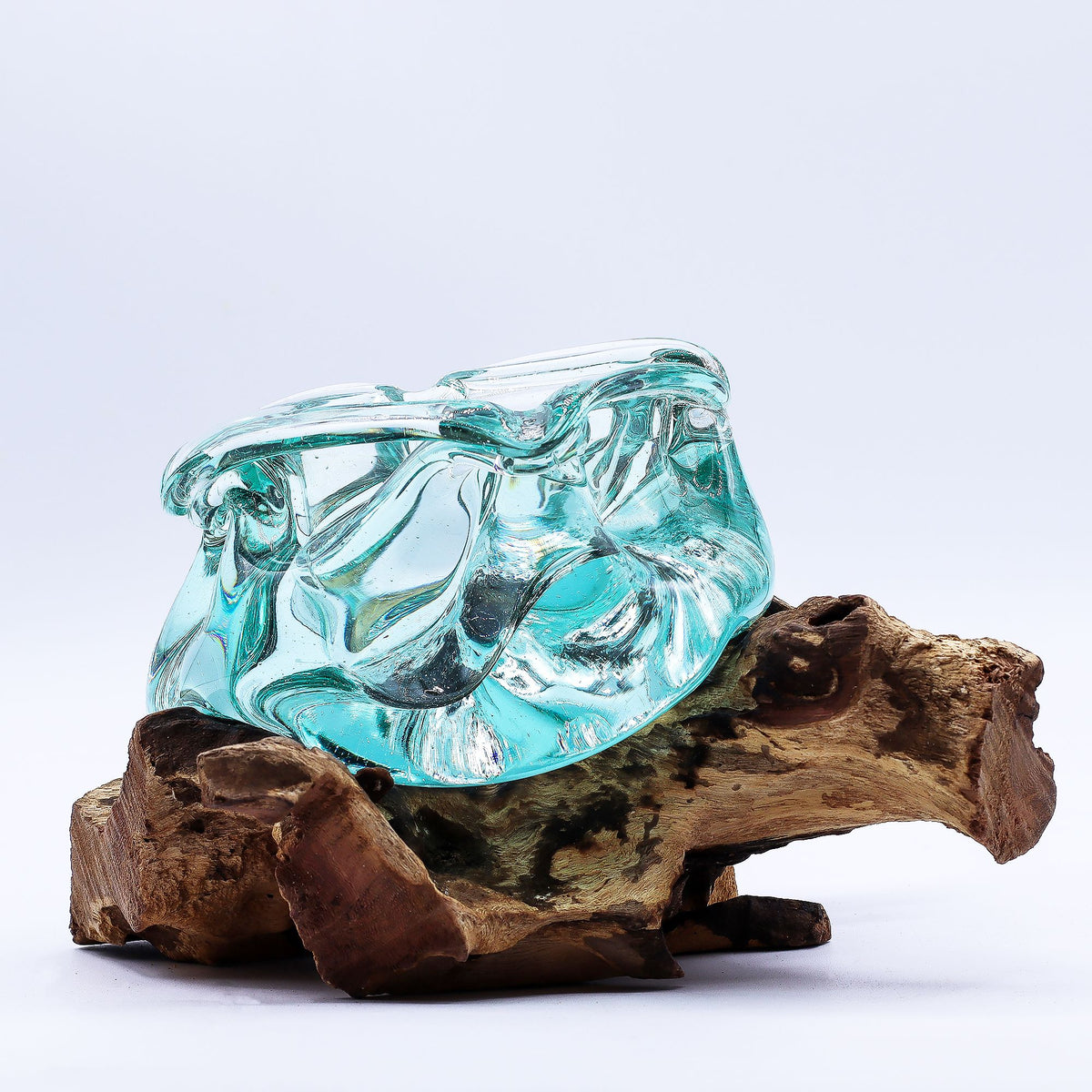 Molten Glass Heavy Duty Ashtray and Candle Holder on Natural Wood Base, showing the distinctive design – molten glass home decor product image 5