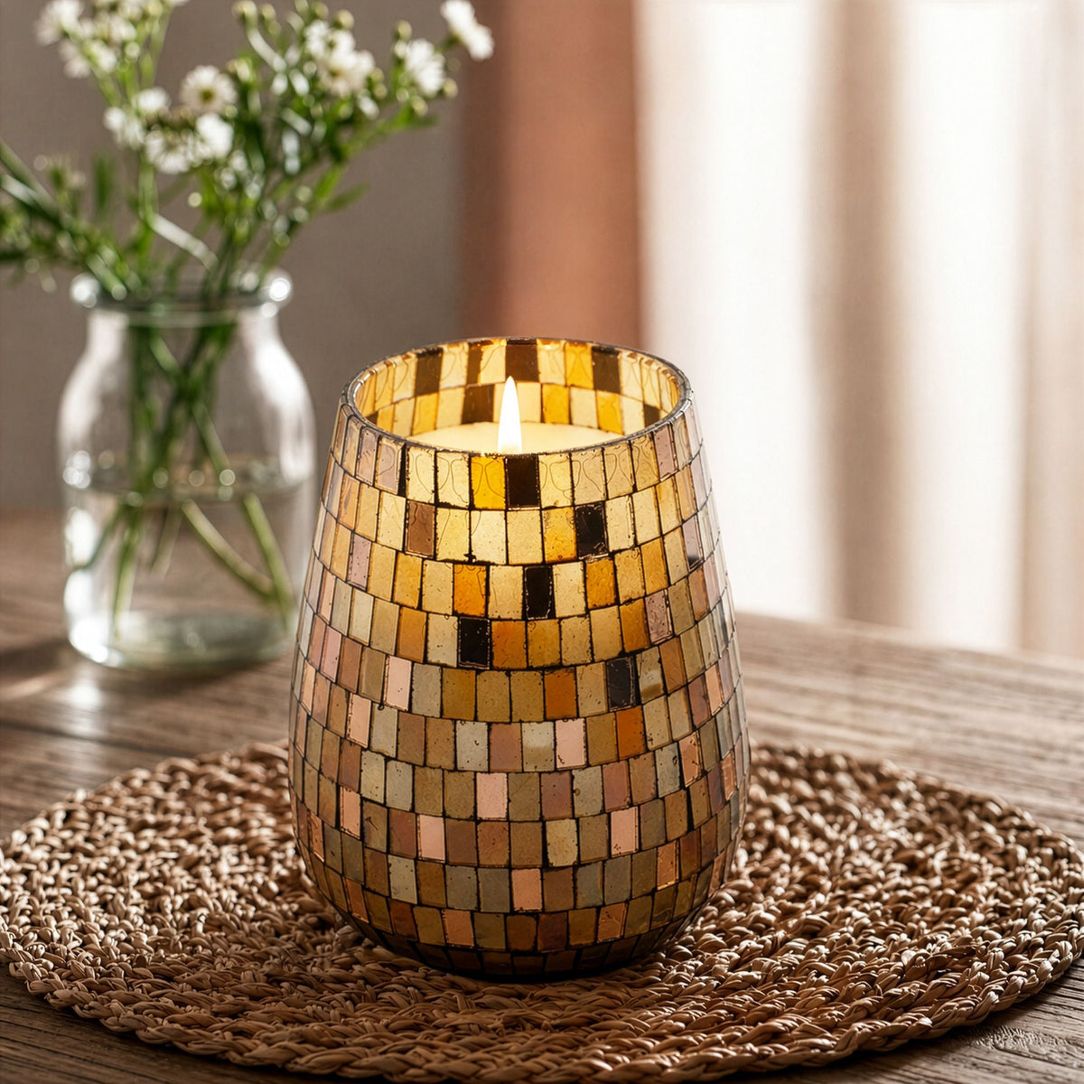 Tall Decorative Glass Jar Candle – Amber Mosaic product image 3, showing the distinctive design and materials
