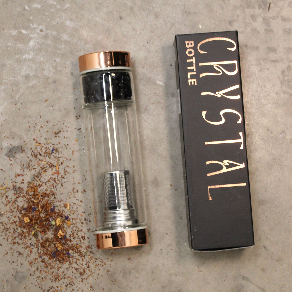 Crystal Glass Tea Infuser Bottle, Rose Gold - Rose Quartz, showing the distinctive design – glass tea infuser bottle product image 7