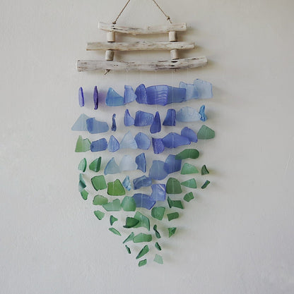Three-String Recycled Glass Wind Chime, Blue and Green, showing the distinctive design – recycled glass wind chime product image 5