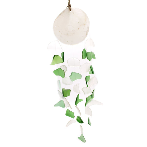 Green and White Glass Recycled Glass Drop Wind Chime, showing the distinctive design – recycled glass wind chime product image 1