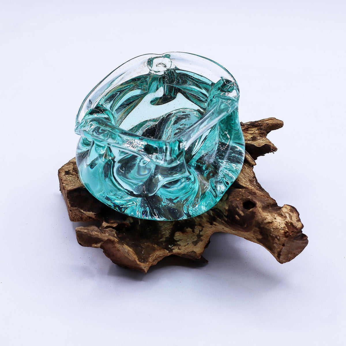Molten Glass Heavy Duty Ashtray and Candle Holder on Natural Wood Base, showing the distinctive design – molten glass home decor product image 4