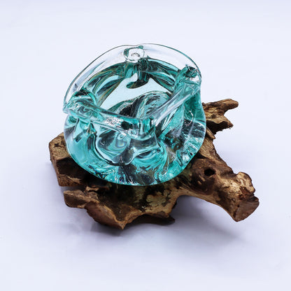 Molten Glass Heavy Duty Ashtray and Candle Holder on Natural Wood Base, showing the distinctive design – molten glass home decor product image 4