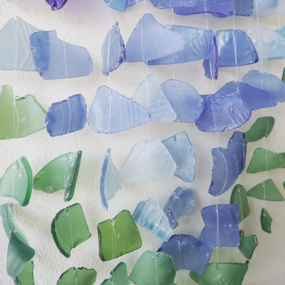 Three-String Recycled Glass Wind Chime, Blue and Green, showing the distinctive design – recycled glass wind chime product image 3