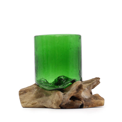 Recycled Glass Beer Glass on Wood on Natural Wood, showing the distinctive design – recycled glass decor product image 2
