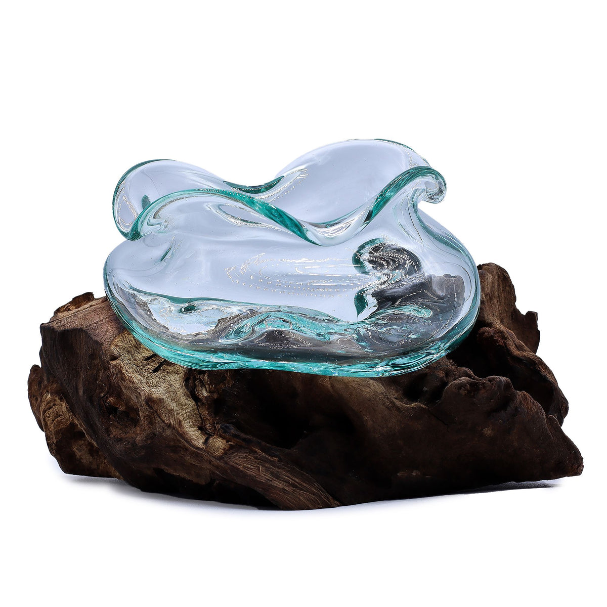 Molten Glass Wavy Bowl on Natural Wood Base (18 cm), Handblown, showing the distinctive design – molten glass home decor product image 3